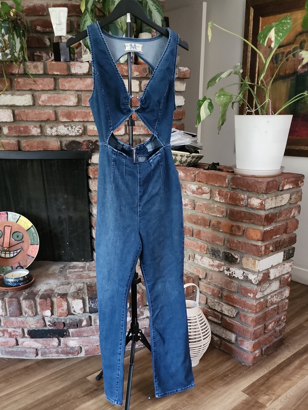 NWT We The Free Denim Cutout Jumpsuit Medium Open Back Blue Jean One Piece Wide - Picture 2 of 9
